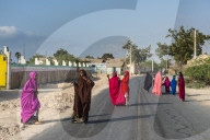 Colourful dressed muslim women in the coastal town of Berbera, Somaliland, Somalia