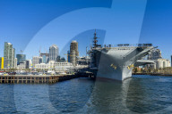 Skyline of San Diego with USS Midway, Harbour of San Diego, California, USA