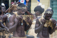 Bamboo band tradiionally dressed, Buka, Bougainville, Papua New Guinea