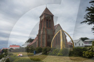 Cathedral and Whalebone Arch, Stanley, capital of the Falkland Islands, South America