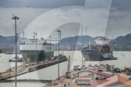 Cargo boats passing the Miraflores locks, Panama canal, Panama city, Panama
