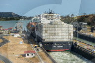 Cargo boat passing the Miraflores locks, Panama canal, Panama city, Panama