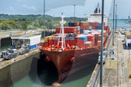 Cargo boats passing the Gatun locks, Panama canal. Panama