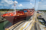 Cargo boats passing the Gatun locks, Panama canal. Panama