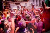 Crowd throwing pigment at the Holi Festival, Durbar Square