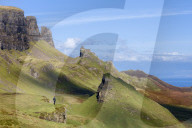 Looking out over the Quirang on the Trotternish ridge and beyond to the Isle of Harris in the Scottish Highlands, Isle of Skye, Inner Hebrides, Scotland, United Kingdom, Europe