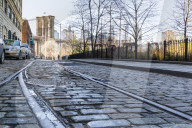 Old rail tracks and cobbled street in Dumbo Historic District, Brooklyn, New York City Historic District, Brooklyn, New York Cit