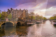 Canal scene at dusk, Amsterdam, Netherlands