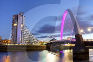 Clyde Arc (Squinty Bridge) and residential flats, River Clyde, Glasgow, Scotland, United Kingdom, Europe.