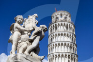 The Leaning Tower of Pisa, campanile or bell tower, Fontana dei Putti, Piazza del Duomo, UNESCO World Heritage Site, Pisa, Tusca