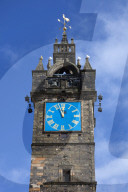 Close up of The Tolbooth Steeple, (Clock Tower), Glasgow Cross, Trongate, Merchant City, Glasgow, Scotland, United Kingdom, Eur