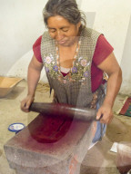 Zapotec woman grinding insects to make valuable cochineal dye, Teotitlan del Valle, Oaxaca, Mexico, North America