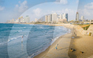 View of Neve Tzedek district skyline and Mediterranean at evening, Tel Aviv, Israel