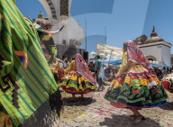 Dancers in Traditional Costume, Fiesta de la Virgen de la Candelaria, Copacabana, La Paz Department, Bolivia