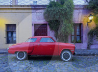 Vintage Studebaker car on a cobblestone lane of the historic quarter, Colonia del Sacramento, Colonia Department, Uruguay, South America