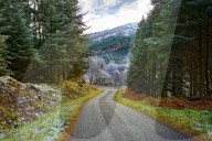 A winter view of a winding road through a wooded valley in the Ardnamurchan Peninsula, the Scottish Highlands