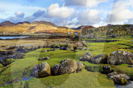 A view of the shore and hills of Portuairk, Sanna Bay along the Ardnamurchan coast in the Scottish Highlands