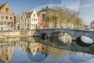 Bridge and houses on Langerei canal. Bruges, West Flanders province, Flemish region, Belgium.
