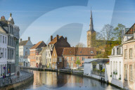 Houses on water canal. Bruges, West Flanders province, Flemish region, Belgium.