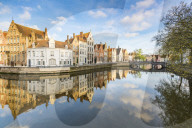 Houses reflection at Spiegelrei corner. Bruges, West Flanders province, Flemish region, Belgium.