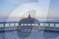 The Spa bandstand and view out to sea at sunrise, South Bay, Scarborough, North Yorkshire, UK