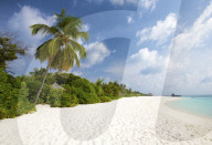 View along tropical beach, Coco Palm resort, Dhuni Kolhu, Baa Atoll, Republic of Maldives, Indian Ocean