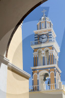 Belltower of the Catholic Cathedral Church of St John the Baptist, Fira, Santorini, Cyclades, Greece