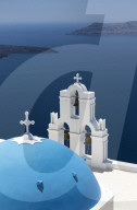Blue dome and belltower of the church of St Gerasimos, Firostefani, Fira, Santorini, Cyclades, Greece