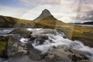 Mountain river with Kirkjufell (Church Mountain) in background, Grundafjordur, Snaefellsnes Peninsula, Iceland