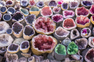 Minerals for sale to tourists as souvenirs on side of road in Tiz n Tichka Pass oer Atlas mountains, Morocco