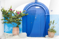 Pots and plants against blue and white wall in Kasbah des Oudaya (Kasbah of the Udayas), Rabat, Morocco
