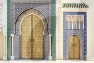 Golden doors and ornate mosaic wall on the Royal Palace of Fez (Dar el Makhzen), Fez, Morocco