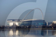 Wembley Stadium across Welsh Harp Lake, London, England, United Kingdom, Europe