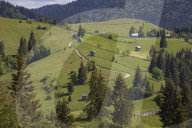 Countryside and farms from Sucevita to Vatra Moldovitei in Carpathian foothills