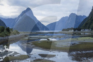 View of Milford Sound at low tide, Mitre Peak reflected in pool, Milford Sound, Fiordland National Park, UNESCO World Heritage Site, Southland, South Island, New Zealand, Pacific
