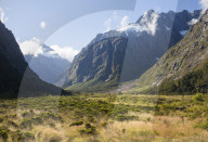 View along the Hollyford Valley to West Peak and Mount Talbot, Fiordland National Park, UNESCO World Heritage Site, Southland, South Island, New Zealand, Pacific