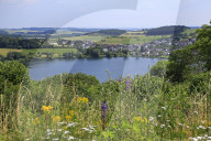 View across Schalkenmehren Maar towards Schalkenmehren, Eifel, Rhineland-Palatinate, Germany