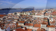 View from Castelo Sao Jorge over the ol town Baixa, River Tejo, Lisbon, Portugal