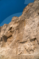 Tomb of Ataxerxes I and carved relief below, Naqsh-e Rostam Necropolis, near Persepolis, Iran