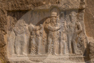 Carved relief of the Investiture of Narse (294-302 AD) to the lower right of the Tomb of Darius the Great, Naqsh-e Rostam Necrop