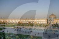 View across Naqsh-e (Imam) Square from Ali Qapu Palace opposite Sheikh Lotfollah Mosque, Isfahan, Iran