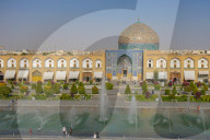 View across Naqsh-e (Imam) Square from Ali Qapu Palace opposite Sheikh Lotfollah Mosque, Isfahan, Iran