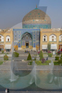 View across Naqsh-e (Imam) Square from Ali Qapu Palace opposite Sheikh Lotfollah Mosque, Isfahan, Iran