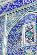 Detail of ceramic tiles on wall in Isfahan blue, Imam Mosque, Isfahan, Iran