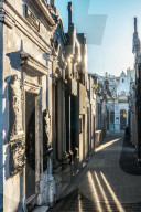Vaults in evening sun in La Recoleta Cemetery, which lies right in the heart of the city, Buenos Aires, Argentina