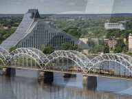 View from the top of the Academy of Sciences of the National Library and the railway bridge, Riga, Latvia, Baltic States, Europe