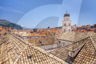 Rooftop view of Franciscan church, bell tower and monastery, Dubrovnik Old Town, Dalmatian Coast, Dubrovnik, Croatia, EU, Europe
