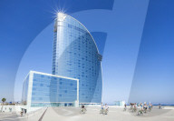 Cyclists outside the Hotel W at Barceloneta, Barcelona, Catalonia, catalunya, Spain, EU, Europe