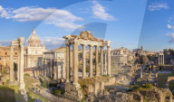 The columns of the Temple of Saturn and overview of the ruined Roman Forum, Rome, Lazio, Italy, EU, Europe