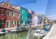Brightly coloured fishermans cottages on the island of Burano in the Venice lagoon, Venetian lagoon, Italy, EU, Europe